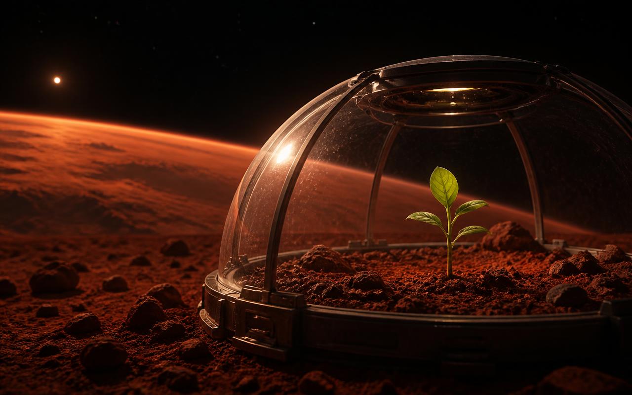 Capa do tema Plantas no Espaço: Sete capítulos sobre levar vida verde para Marte.